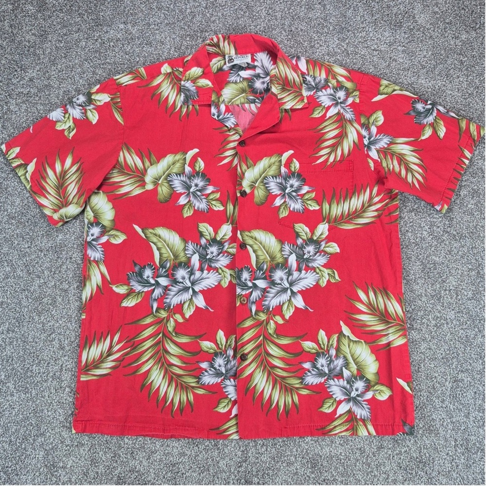 Vintage Aloha Republic Hawaiian Shirt Mens Large Red Floral Tropical Made in USA